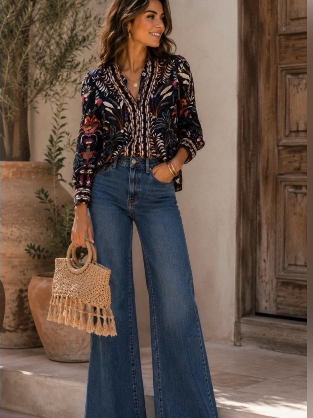 *FARM Rio Classic Garden Black Mirror Trim Blouse Boho Tropical Top - Picture 2 of 6